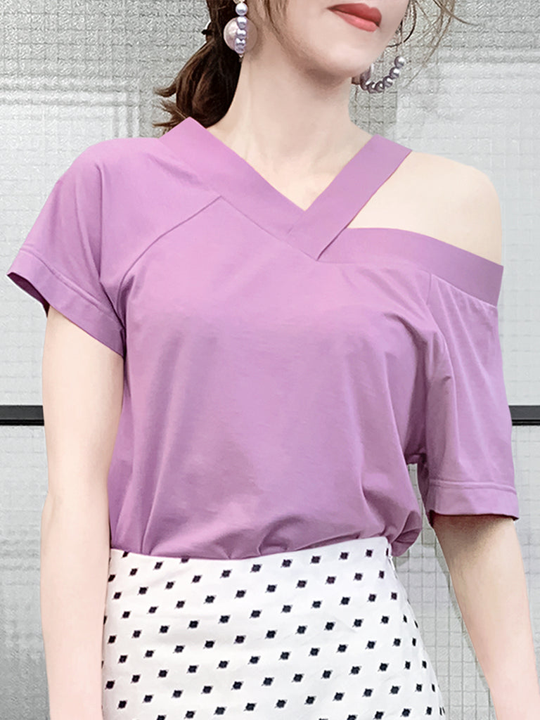 Surprise Sale! Tender Lavender Asymmetrical Shoulder 2-Way Cotton T-Shirt