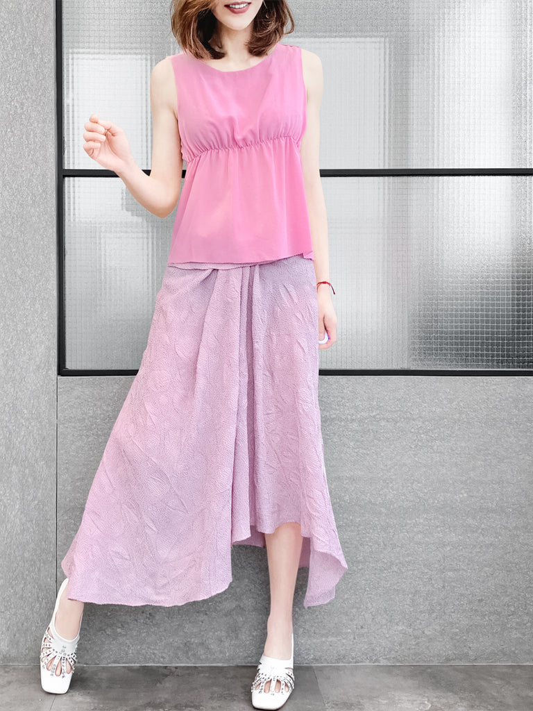 Pinky-Day! Pink Stitched Trim Empire Waist Silk Tank