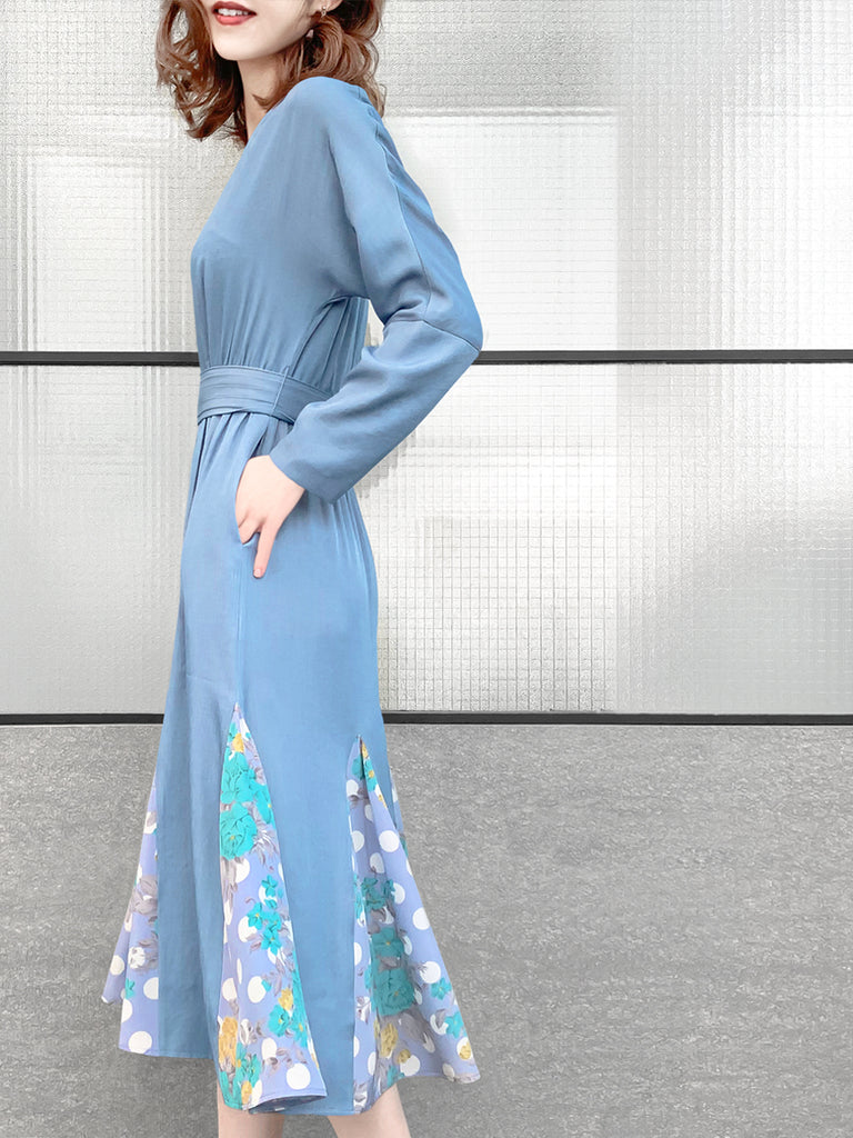 驚喜促銷!天藍色補丁印花荷葉邊下擺束帶連身裙