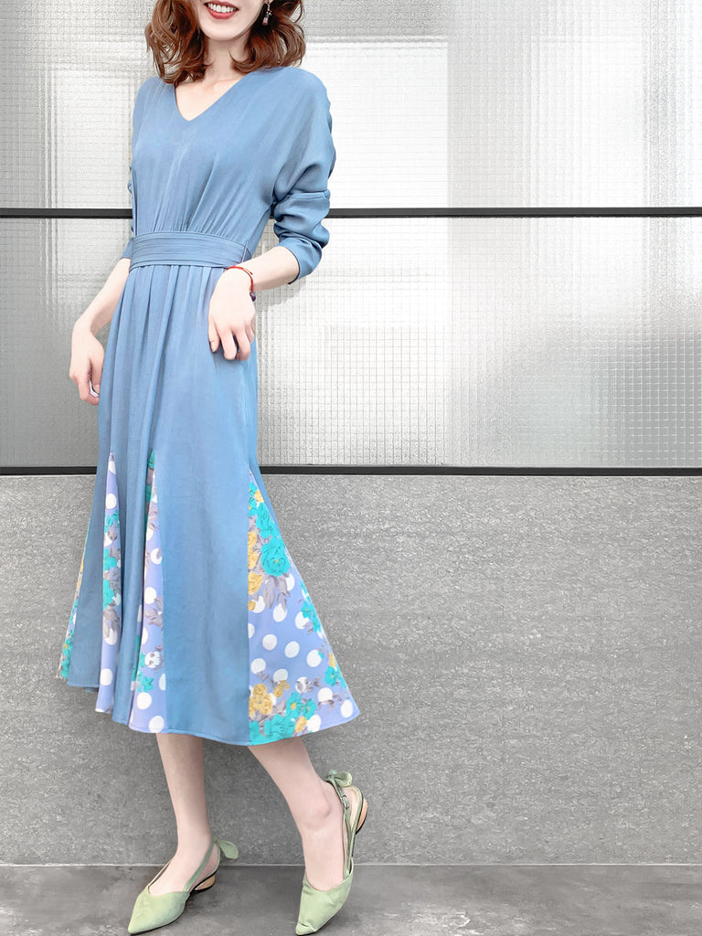 驚喜促銷!天藍色補丁印花荷葉邊下擺束帶連身裙