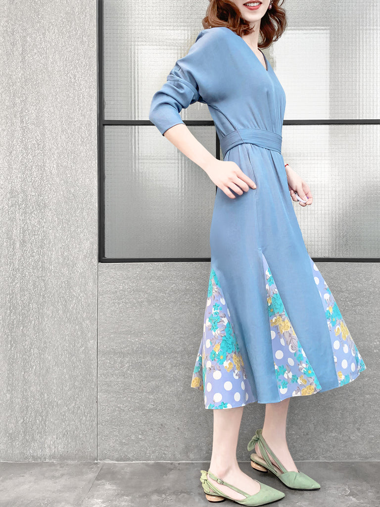 驚喜促銷!天藍色補丁印花荷葉邊下擺束帶連身裙