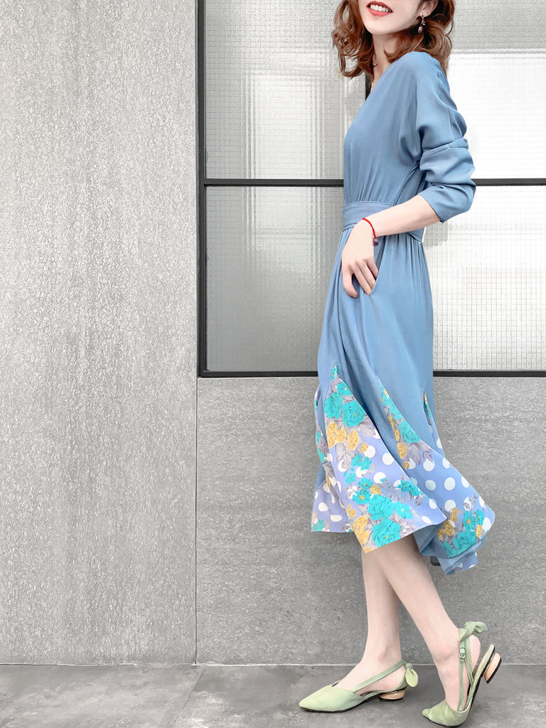 驚喜促銷!天藍色補丁印花荷葉邊下擺束帶連身裙