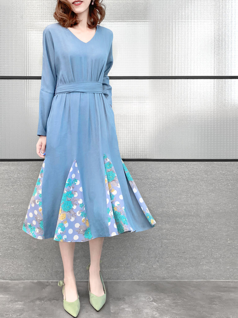 驚喜促銷!天藍色補丁印花荷葉邊下擺束帶連身裙