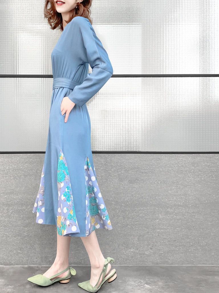 驚喜促銷!天藍色補丁印花荷葉邊下擺束帶連身裙