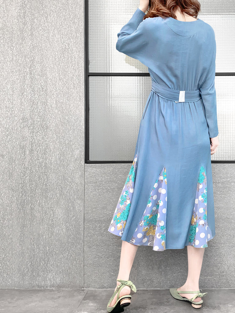 驚喜促銷!天藍色補丁印花荷葉邊下擺束帶連身裙