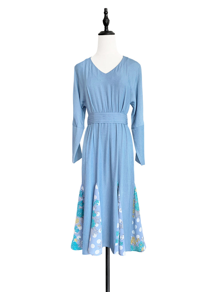 驚喜促銷!天藍色補丁印花荷葉邊下擺束帶連身裙