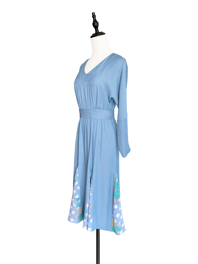 驚喜促銷!天藍色補丁印花荷葉邊下擺束帶連身裙