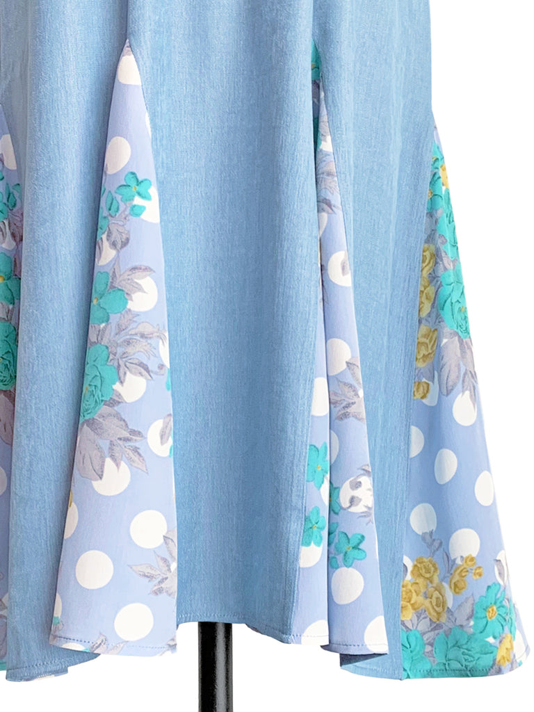 驚喜促銷!天藍色補丁印花荷葉邊下擺束帶連身裙