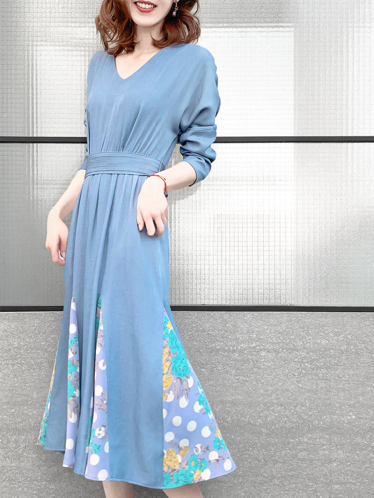驚喜促銷!天藍色補丁印花荷葉邊下擺束帶連身裙