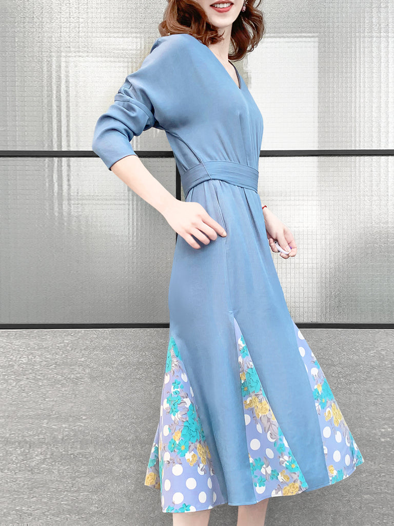 驚喜促銷!天藍色補丁印花荷葉邊下擺束帶連身裙