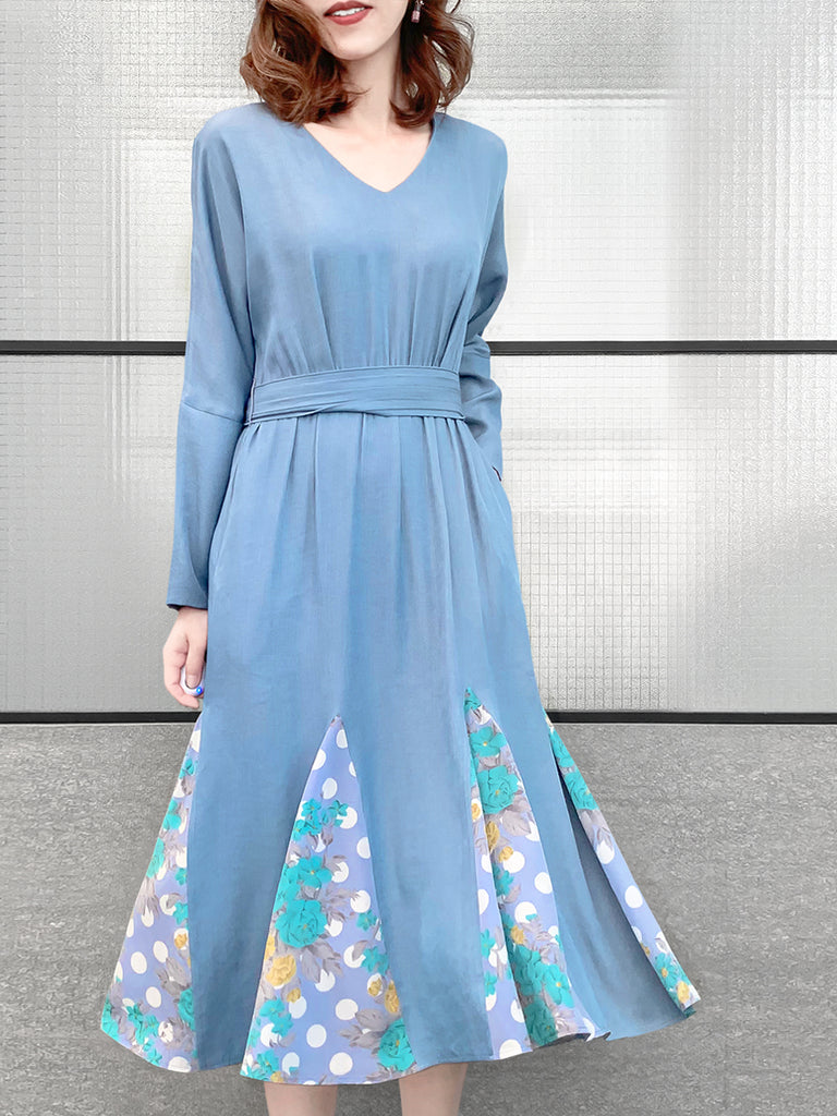 驚喜促銷!天藍色補丁印花荷葉邊下擺束帶連身裙