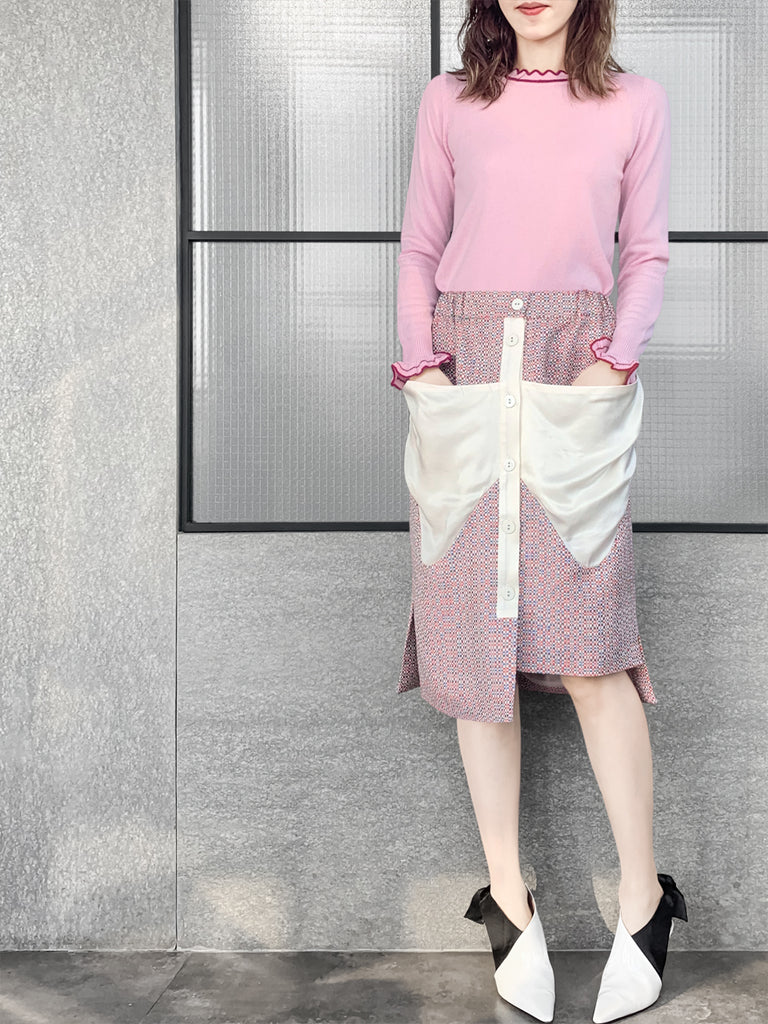 驚喜促銷!五彩紙屑撞色飾邊貼片垂墜口袋鉛筆裙