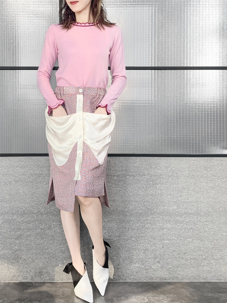 驚喜促銷!五彩紙屑撞色飾邊貼片垂墜口袋鉛筆裙