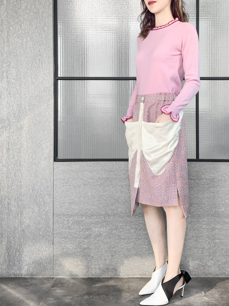 驚喜促銷!五彩紙屑撞色飾邊貼片垂墜口袋鉛筆裙