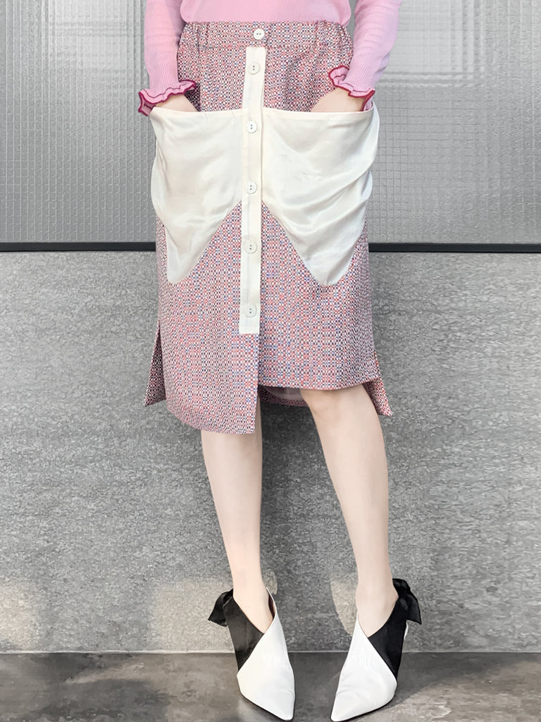 驚喜促銷!五彩紙屑撞色飾邊貼片垂墜口袋鉛筆裙