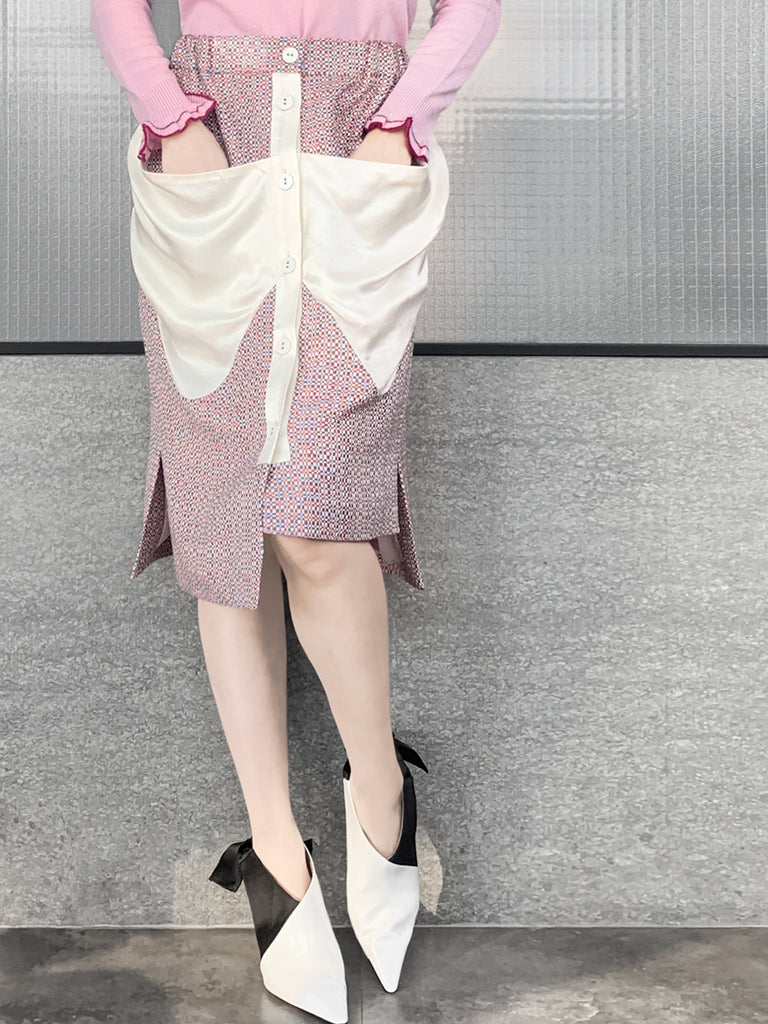 驚喜促銷!五彩紙屑撞色飾邊貼片垂墜口袋鉛筆裙