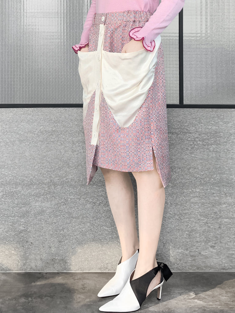 驚喜促銷!五彩紙屑撞色飾邊貼片垂墜口袋鉛筆裙