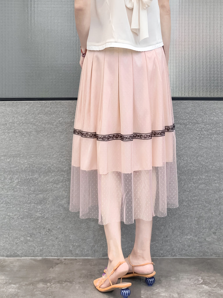 最後的機會!腮紅粉紅蕾絲飾邊薄紗層褶裹身裙