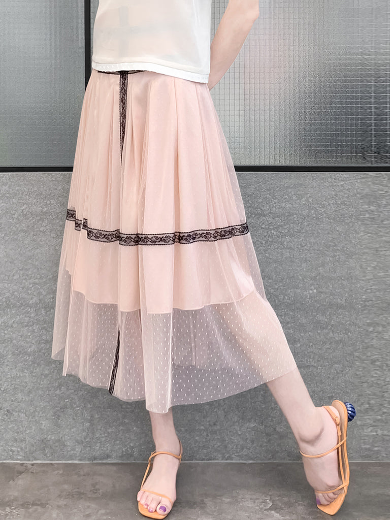 最後的機會!腮紅粉紅蕾絲飾邊薄紗層褶裹身裙