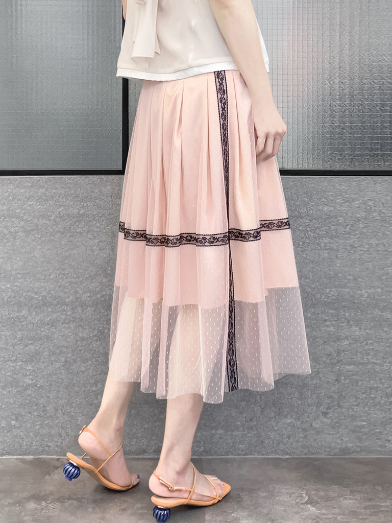 最後的機會!腮紅粉紅蕾絲飾邊薄紗層褶裹身裙