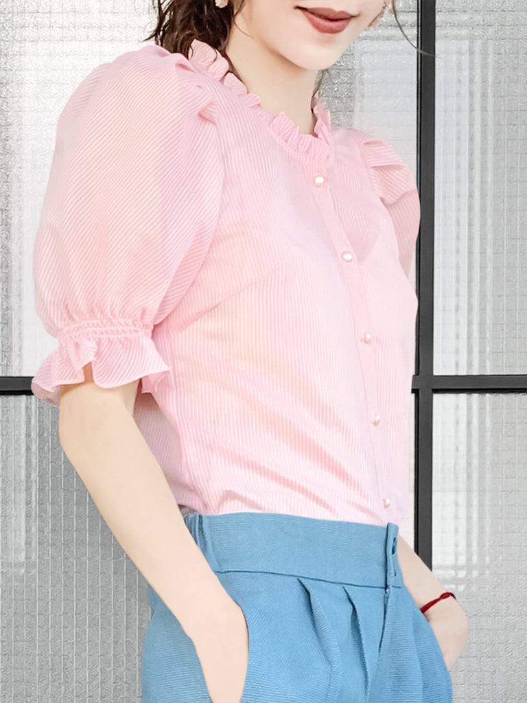 Pinky-Day! Sweet Pink Ruffle Trim Puff Sleeve Silver Stripe Top