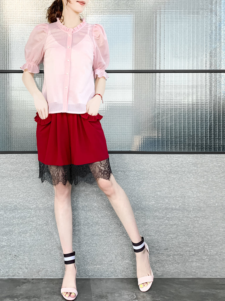 Pinky-Day! Sweet Pink Ruffle Trim Puff Sleeve Silver Stripe Top