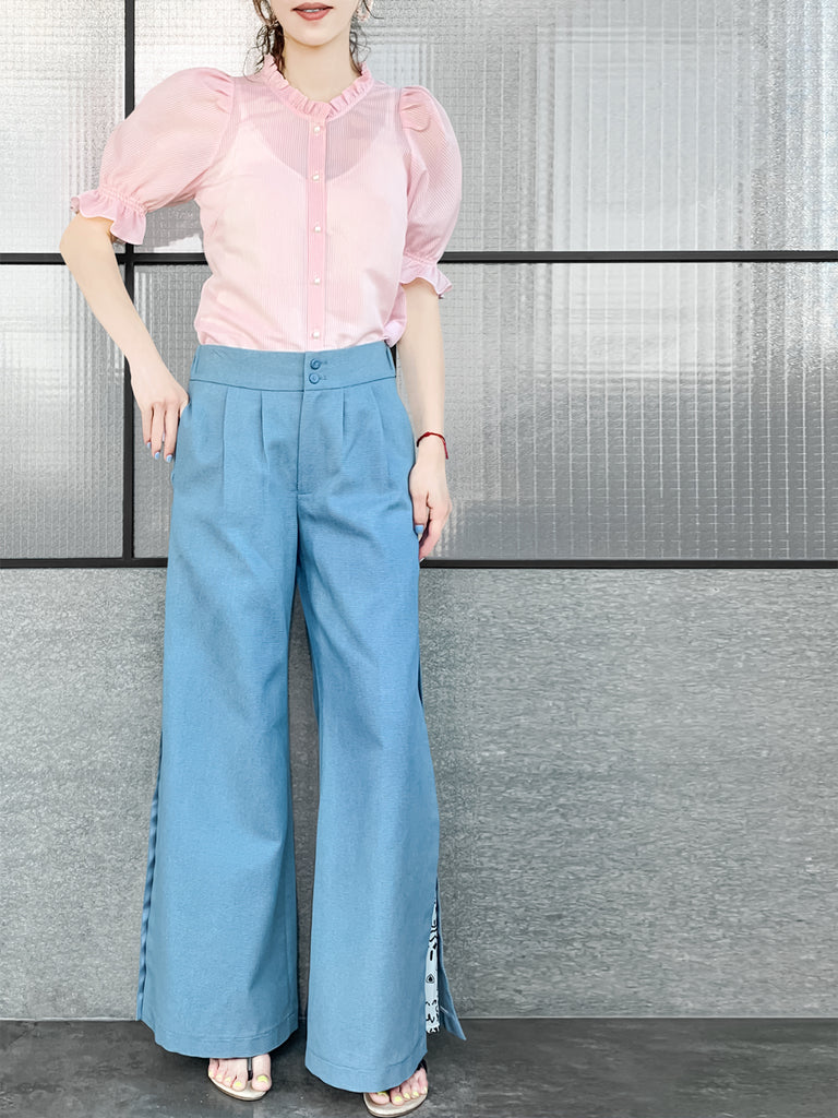 Pinky-Day! Sweet Pink Ruffle Trim Puff Sleeve Silver Stripe Top