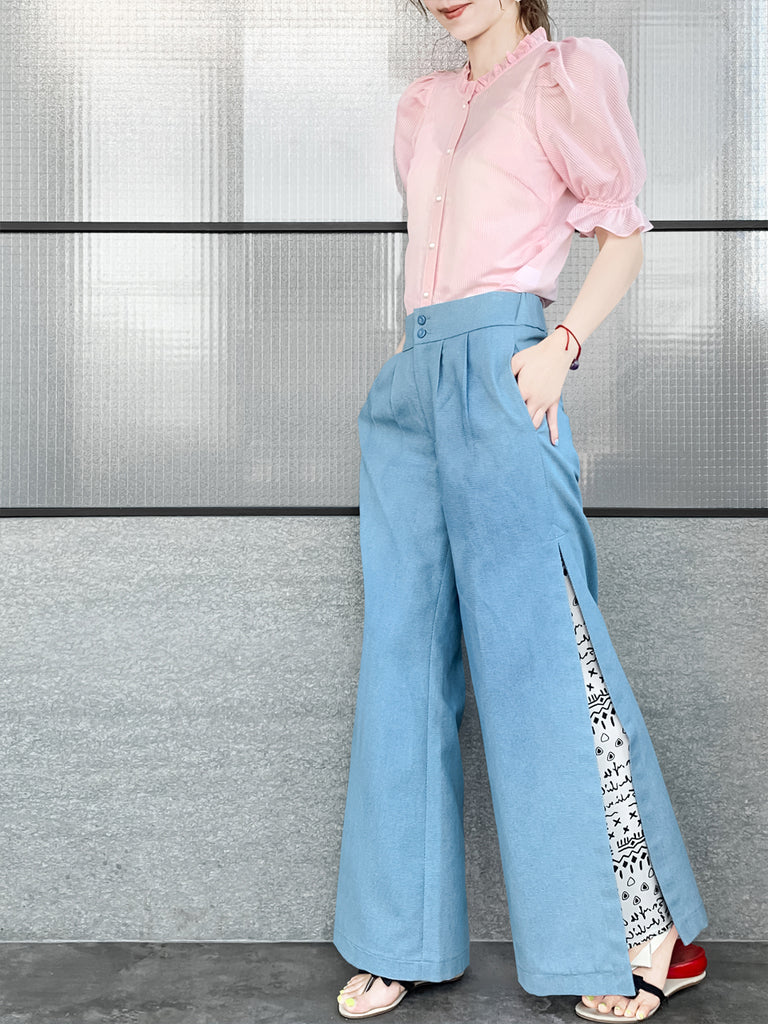 Pinky-Day! Sweet Pink Ruffle Trim Puff Sleeve Silver Stripe Top