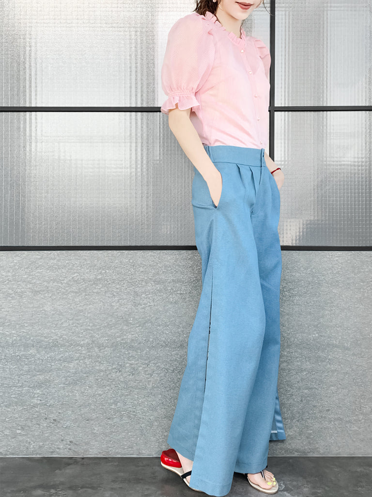 Pinky-Day! Sweet Pink Ruffle Trim Puff Sleeve Silver Stripe Top