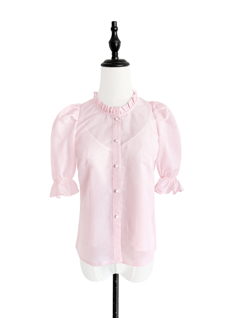 Pinky-Day! Sweet Pink Ruffle Trim Puff Sleeve Silver Stripe Top