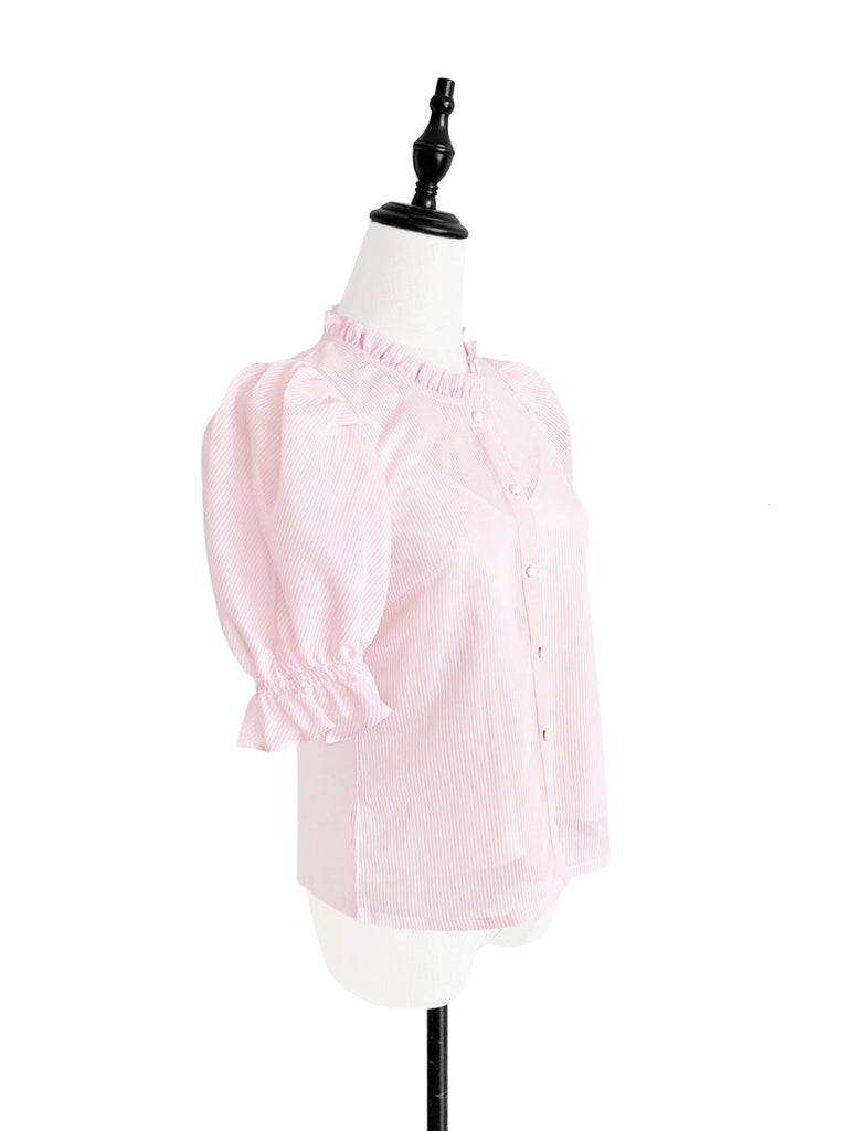 Pinky-Day! Sweet Pink Ruffle Trim Puff Sleeve Silver Stripe Top