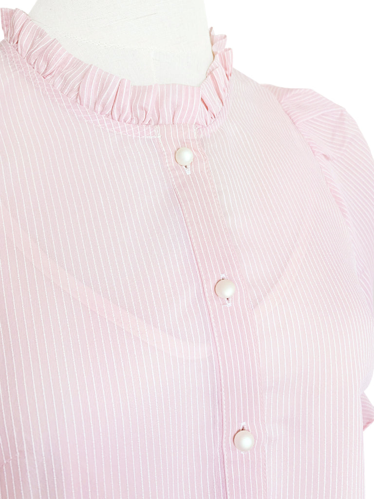Pinky-Day! Sweet Pink Ruffle Trim Puff Sleeve Silver Stripe Top