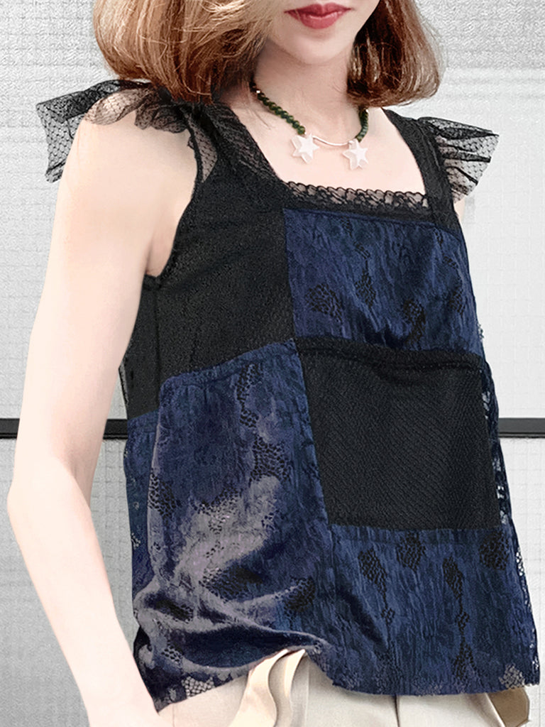 最後的機會!混合材質蕾絲飄袖上衣,附吊帶背心襯裡