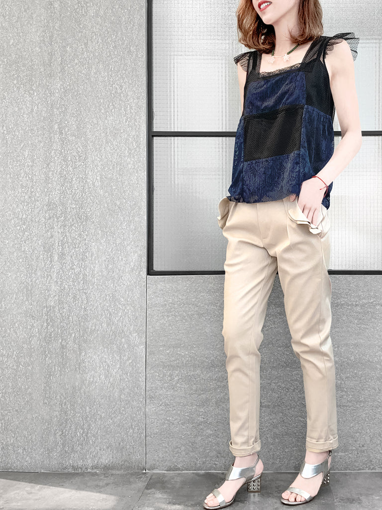 最後的機會!混合材質蕾絲飄袖上衣,附吊帶背心襯裡