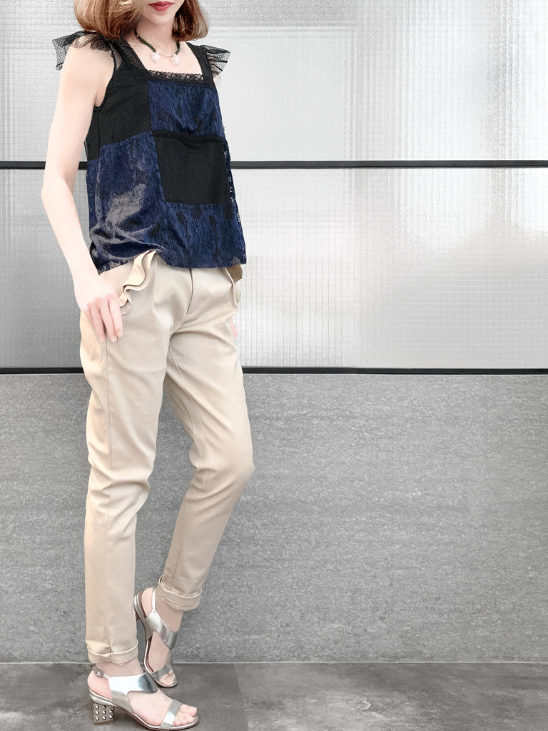 最後的機會!混合材質蕾絲飄袖上衣,附吊帶背心襯裡