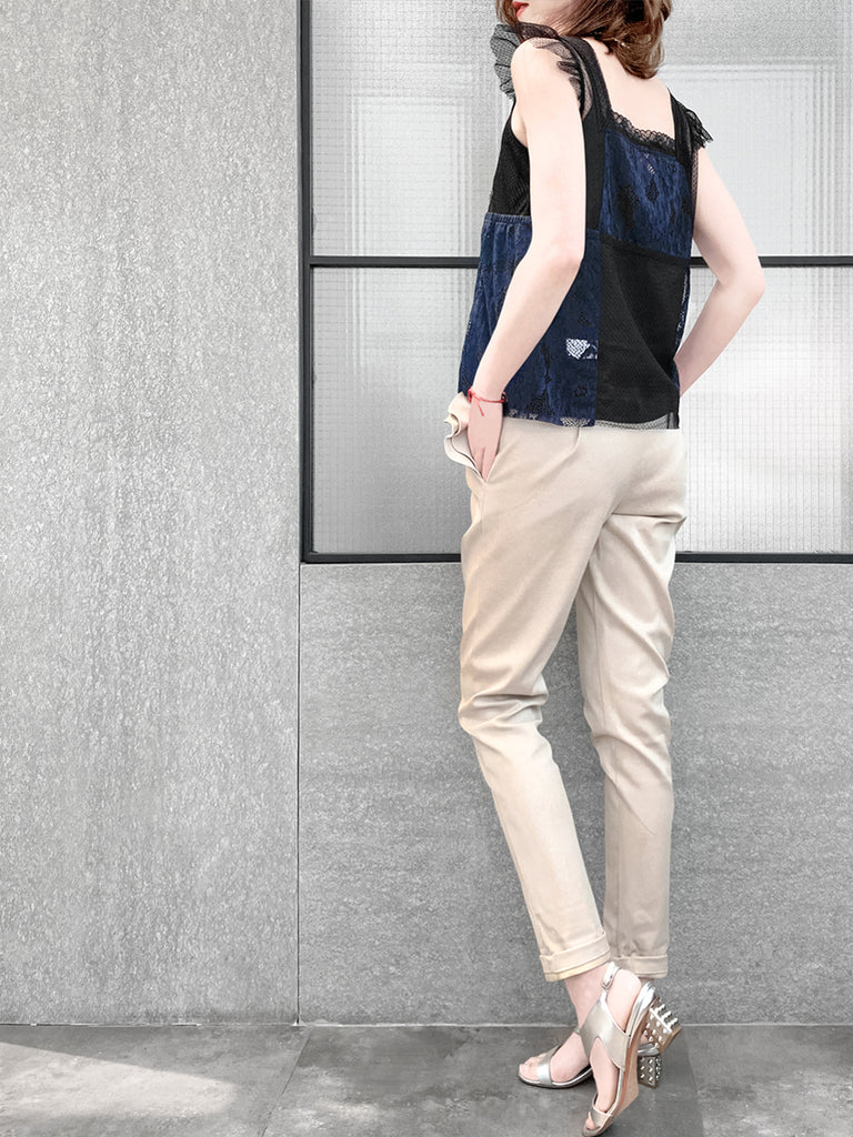 最後的機會!混合材質蕾絲飄袖上衣,附吊帶背心襯裡