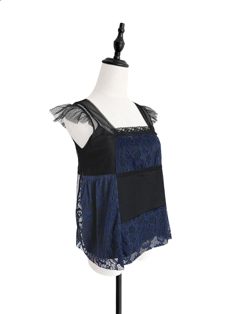 最後的機會!混合材質蕾絲飄袖上衣,附吊帶背心襯裡