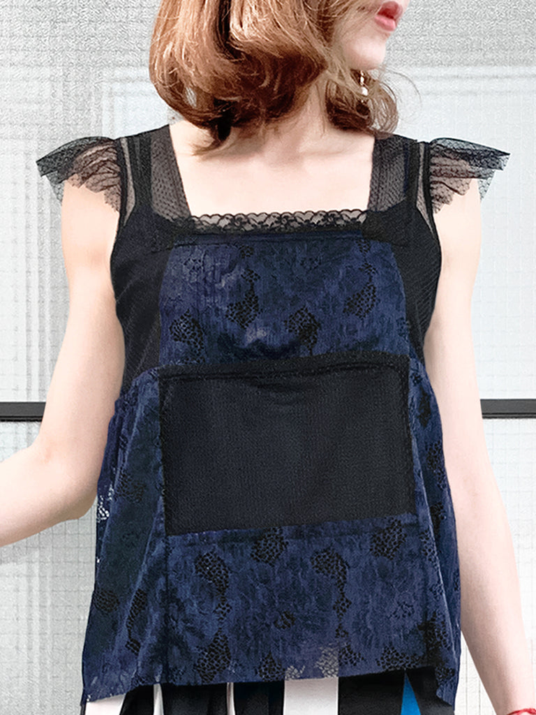 最後的機會!混合材質蕾絲飄袖上衣,附吊帶背心襯裡