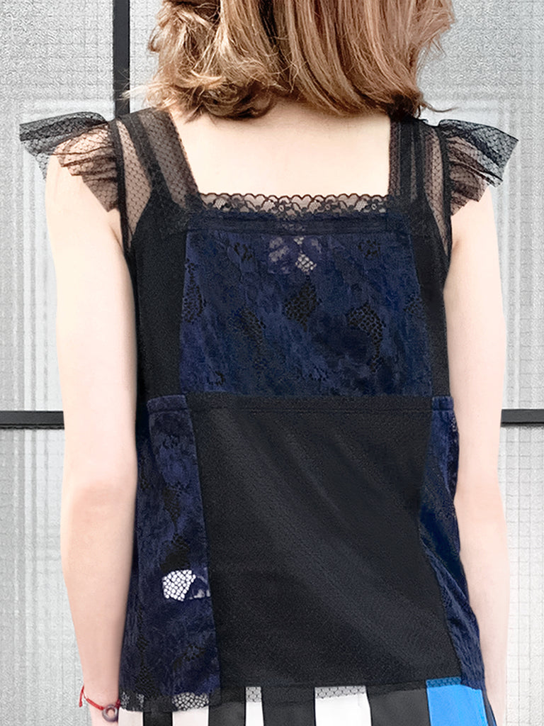 最後的機會!混合材質蕾絲飄袖上衣,附吊帶背心襯裡