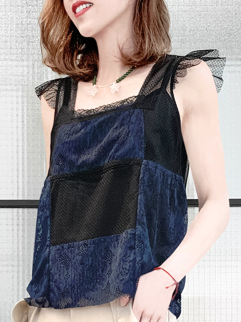 最後的機會!混合材質蕾絲飄袖上衣,附吊帶背心襯裡