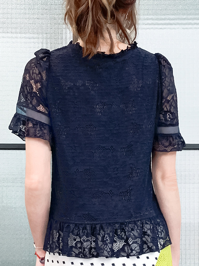 Final Sale! Navy Fanciful Floral Lace Ruffle Peplum Blouse