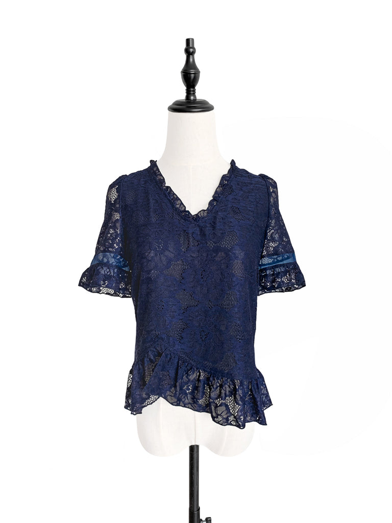 Final Sale! Navy Fanciful Floral Lace Ruffle Peplum Blouse