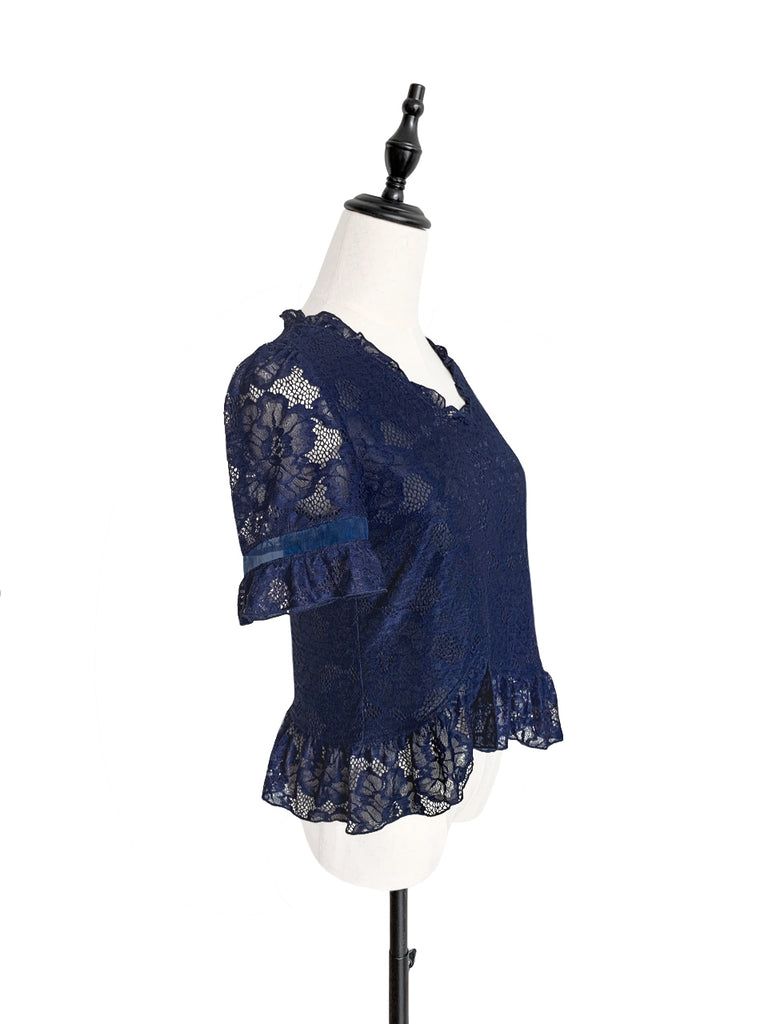 Final Sale! Navy Fanciful Floral Lace Ruffle Peplum Blouse
