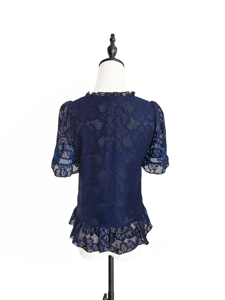 Final Sale! Navy Fanciful Floral Lace Ruffle Peplum Blouse
