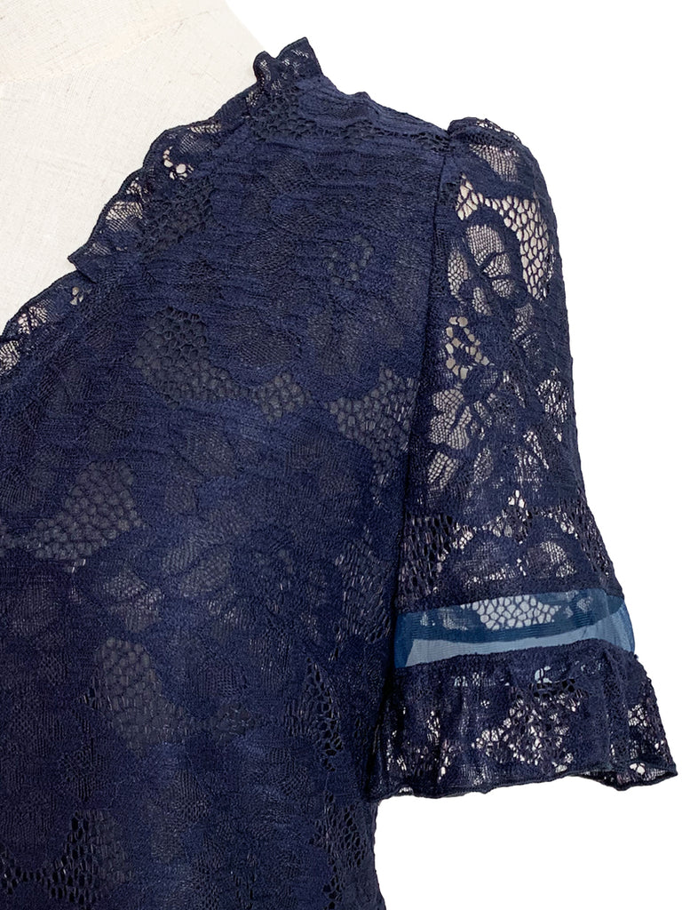 Final Sale! Navy Fanciful Floral Lace Ruffle Peplum Blouse