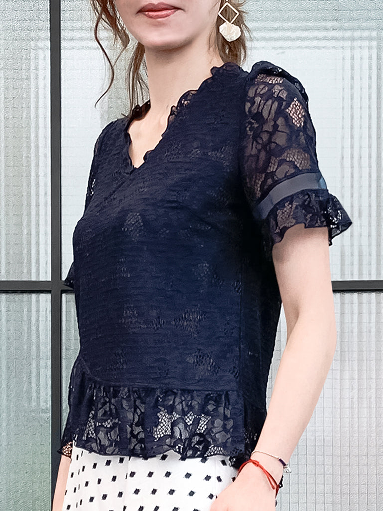 Final Sale! Navy Fanciful Floral Lace Ruffle Peplum Blouse