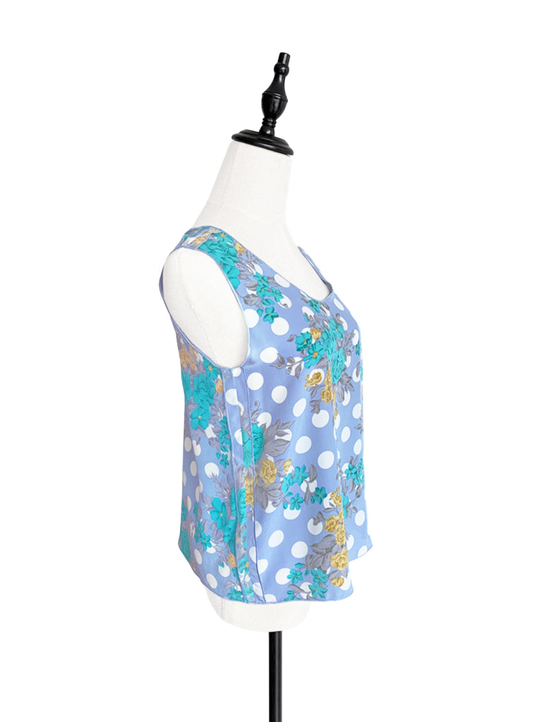 SPECIAL! Polka Dots Floral Print Trim Edge Silk Tank