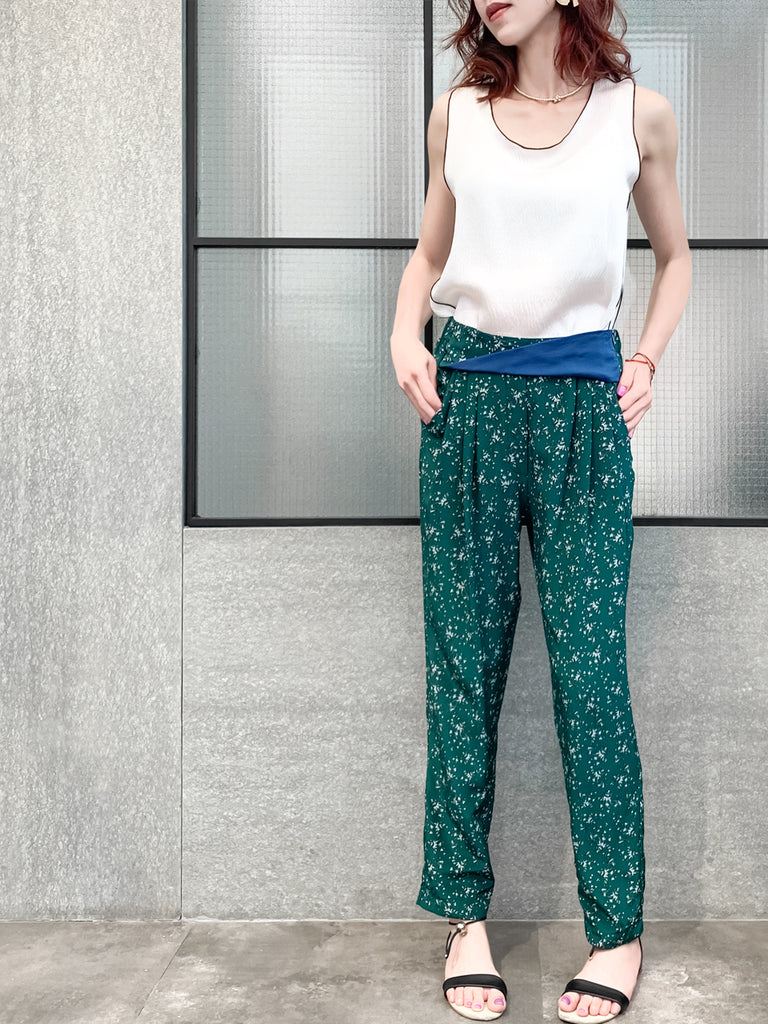 Last Chance! Green Floral Print Contrast Twist Waist Taper Trousers