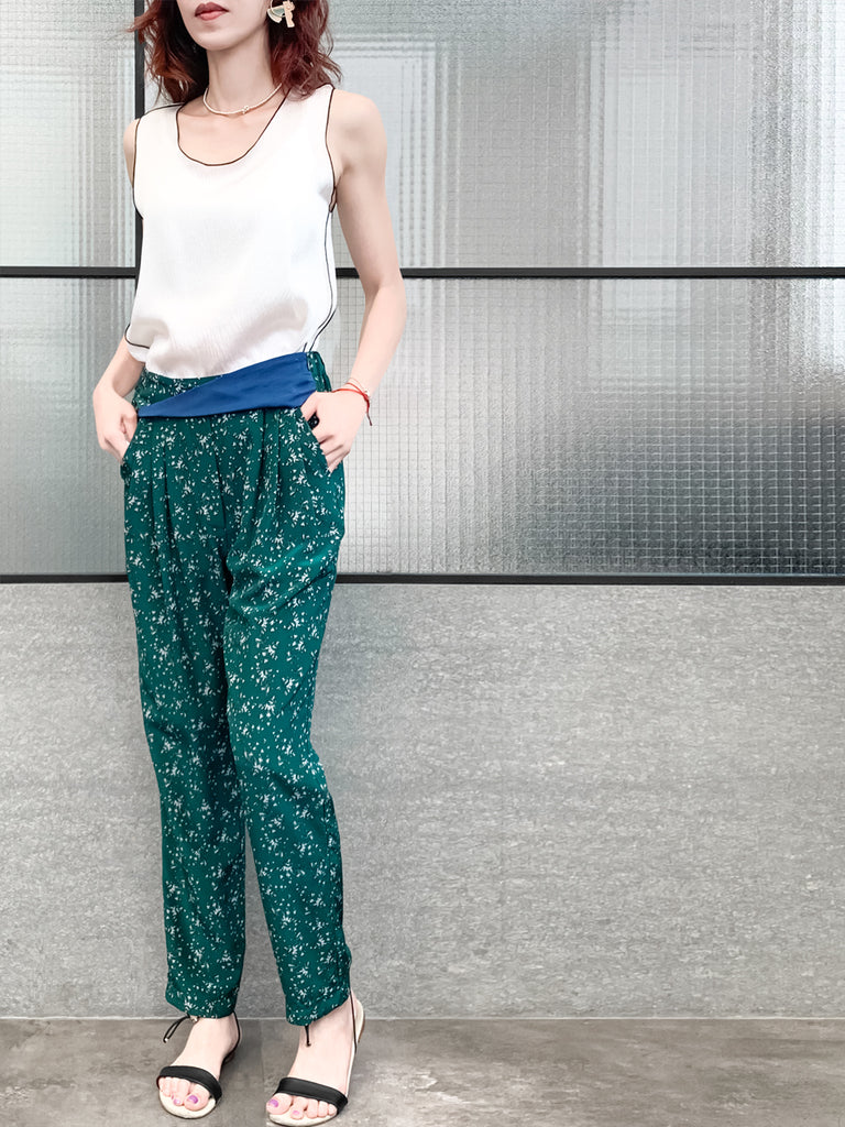 Last Chance! Green Floral Print Contrast Twist Waist Taper Trousers