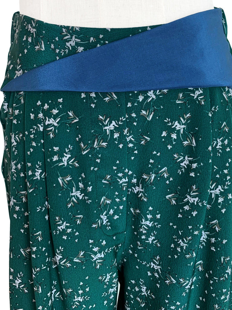 Last Chance! Green Floral Print Contrast Twist Waist Taper Trousers